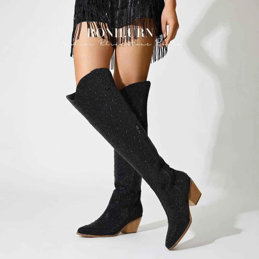Women Black Faux Leather Sparkly Bling Rhinestone Over the Knee Cowboy Boots